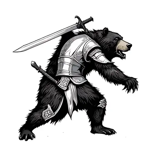 Knight With Sword Fighting Bear On Its Hind Legs