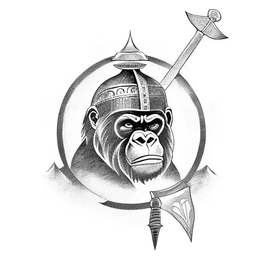 A Blackwork Tattoo Of A Gorilla Holding A Sword And Wearing A Greek Helmet