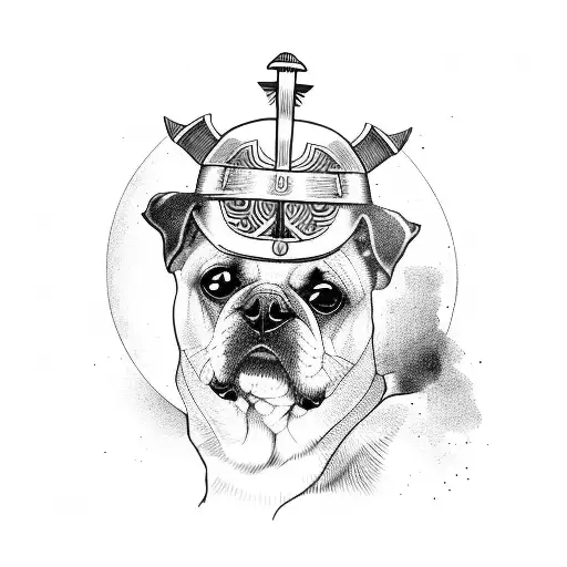 A Blackwork Tattoo Of A Dog Wearing A Greek Warrior Helmet