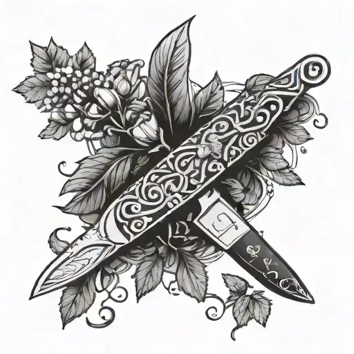 A Chef's Knife Intertwined With A Vine Of Fresh Herbs