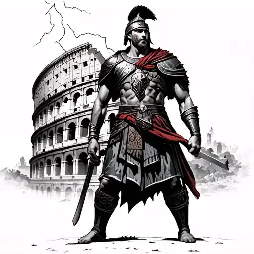 Spartan Warrior Looking At The Colosseum With Lightning Above It