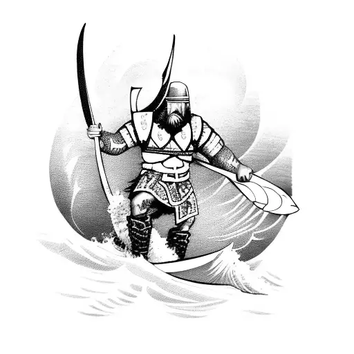 A Fierce Viking Warrior Riding A Surfboard On A Massive Wave
