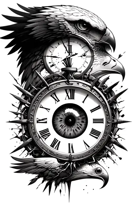 Human Eye With A Broken Clock Around It With An Eagle Underneath