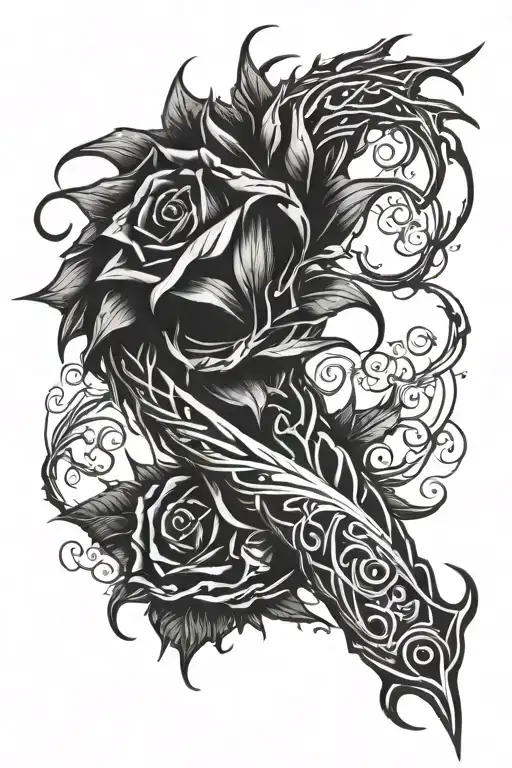 Vine Of Thorns Spiraling Down Arm That Connects To Combat Knife On Forearm