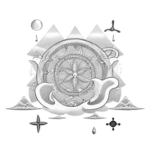 A Blackwork Tattoo Of A Mystical Beach With Astrology Symbols Hidden In The Waves