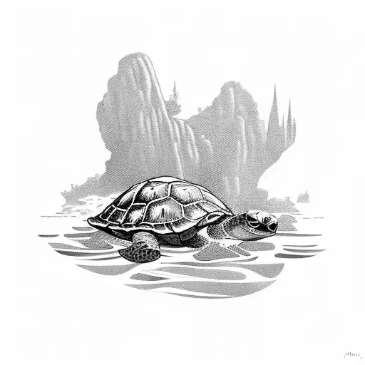 An Italian Landscape With Turtles Swimming In The Sea