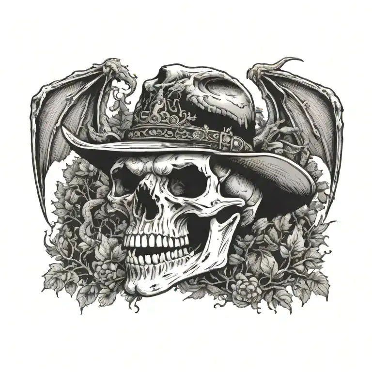 A Dragon Skull Wearing Cowboy Hat Flying Through Woods