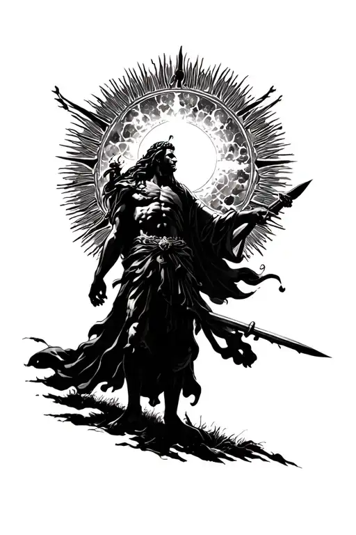 Aires God On Battle Field Looking At The Sky And Aquarius God Shinning