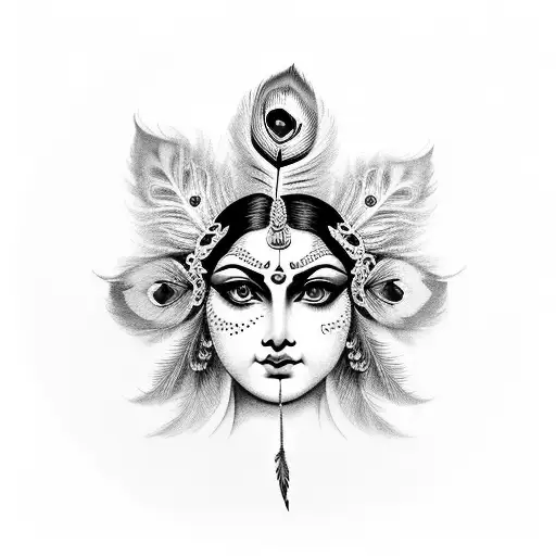 Durga With One Peacock Feather