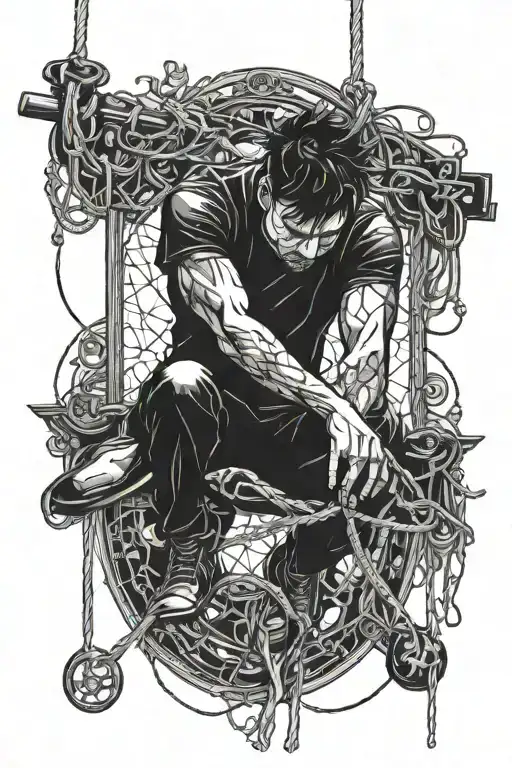 Guy Hanging On Strings With The Strings Being Cut