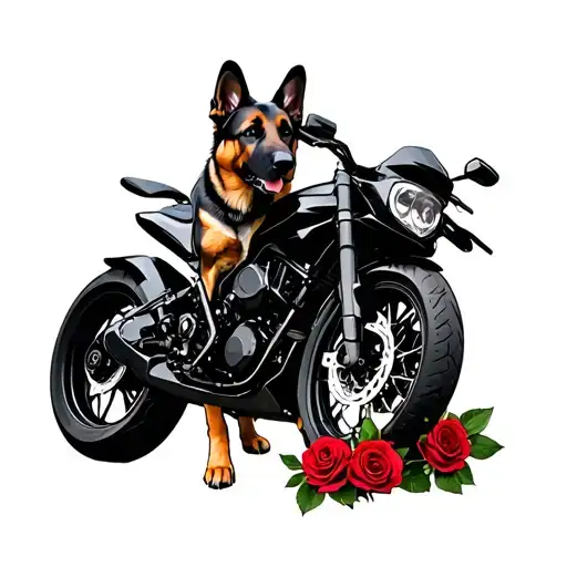 A German Sheperd Standing Next To A Black Motor Cycle With Roses Around It