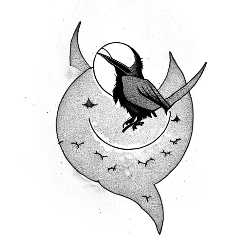 Moonlit Raven Perched On A Crescent Moon
