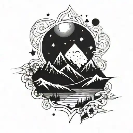 Sunset Between 2 Mountains With Starry Sky