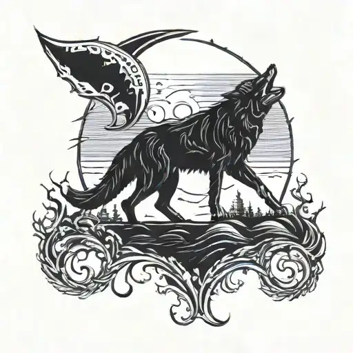 Crescent Moon Behind Howling Wolf Howling Making The Letter 'D'