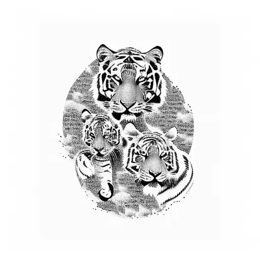 An Intricate Blackwork Design Featuring A Tiger Mom And Her Two Puppies In A Natural Setting