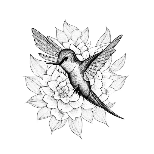A Blackwork Tattoo Of A Hummingbird Hovering Over A Bed Of Intricate Flower Vines