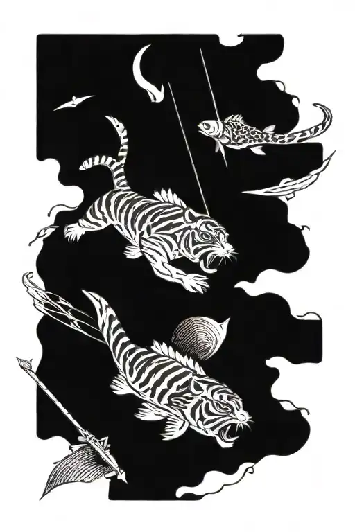 One Tiger With Two Fish Alongside It And An Arrow Passing Through