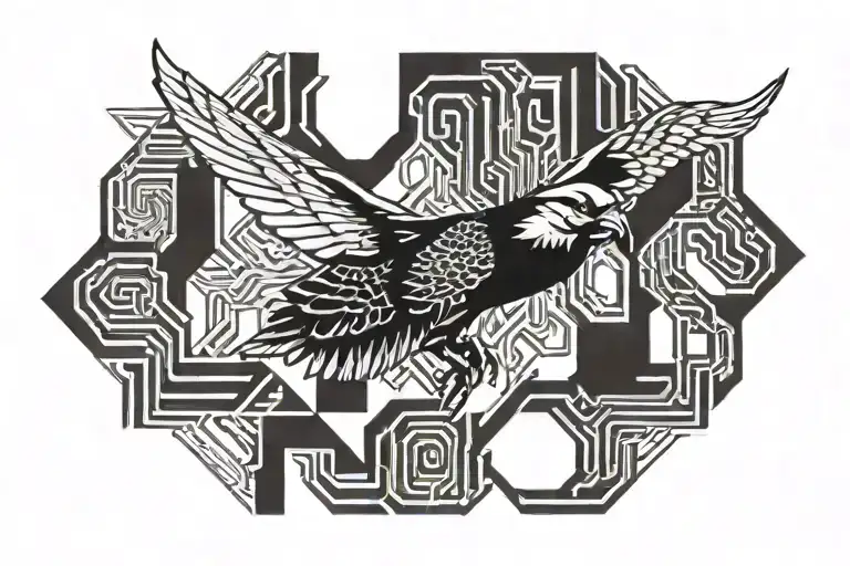 A Blackwork Tattoo Of A Pulecera Flying Through A Geometric Maze
