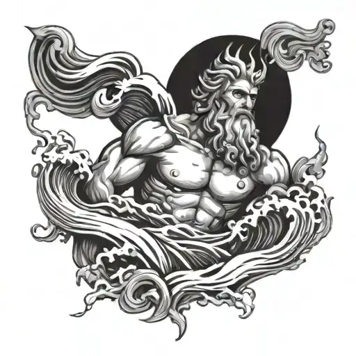 Poseidon With Waves And A Cloud Above With Lightning