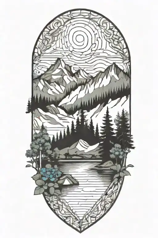 Mountains Trees Lake Forget Me Nots Geometric