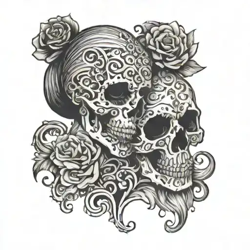 Skull Kissing Wife With Filigee Background