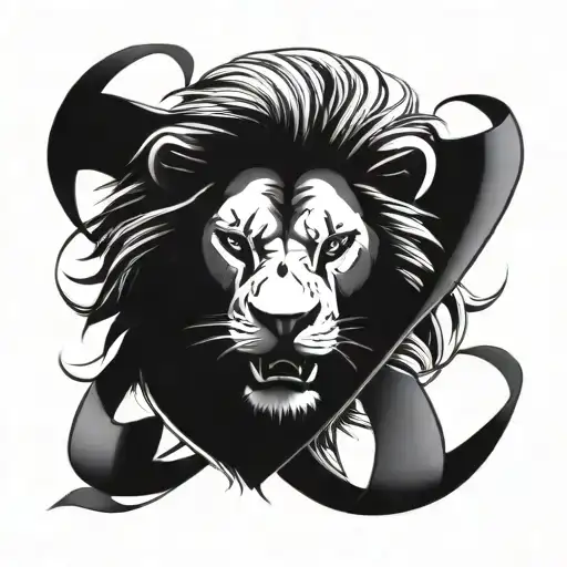 Front Face Of A Black And White Angry Lion And Under His Head A Ribbon That Has Letters