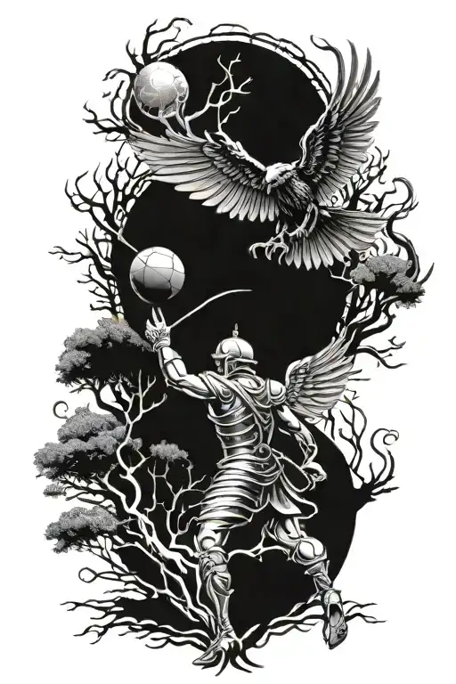 Gladiator Holding A Globe Looking At A Phoenix Flying Away From A Tree Of Life