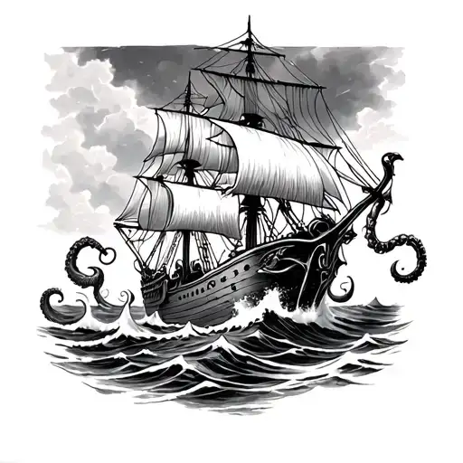 Kraken And Old Ship Sailing Through Stormy Seas