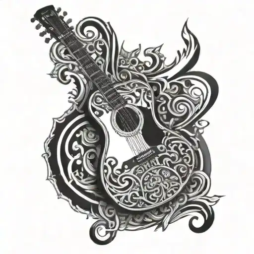 A Detailed Blackwork Tattoo Of A Guitar With Intricate Theological Symbols Intertwined In The Design