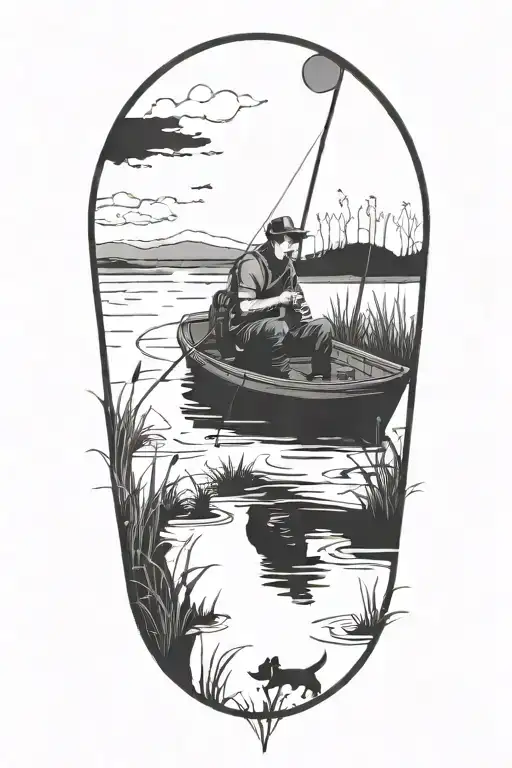 Guy Fishing In A Pond With His Dog Beside Him