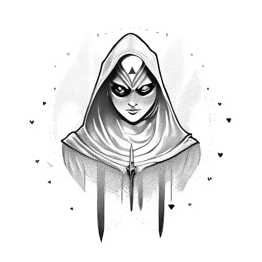 Assassin Woman With Hood On Holds A Dagger Wwith Heart On It
