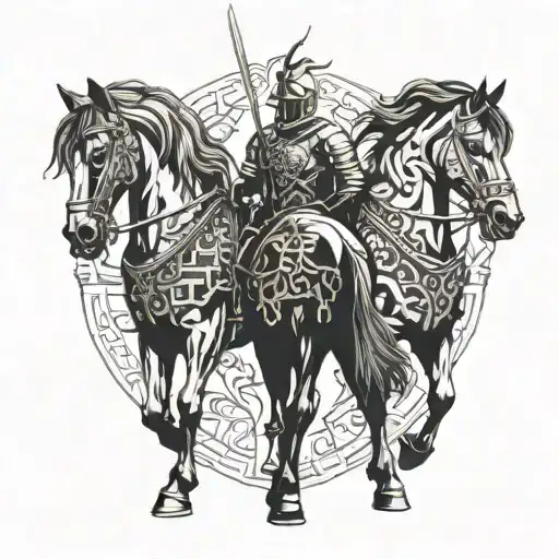Two Horses And A Black And Gold Armoured Warrior