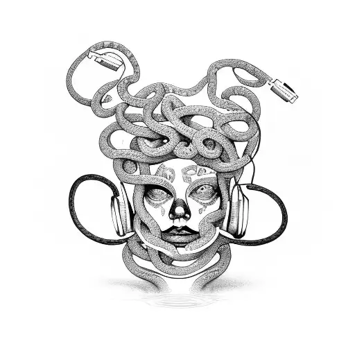 A Medusa With Headphones Made Of Snakes Playing A Guitar
