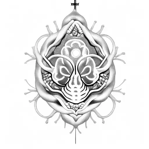 A Detailed Blackwork Tattoo Of A Brain Surrounded By Intricate Religious Symbols