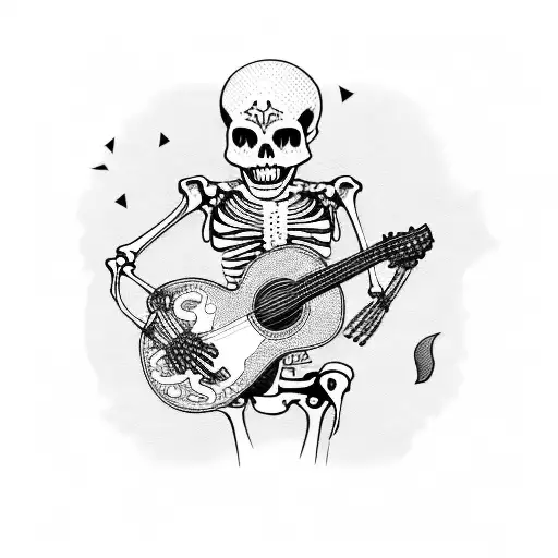 A Skeleton Playing A Guitar Surrounded By Tokens
