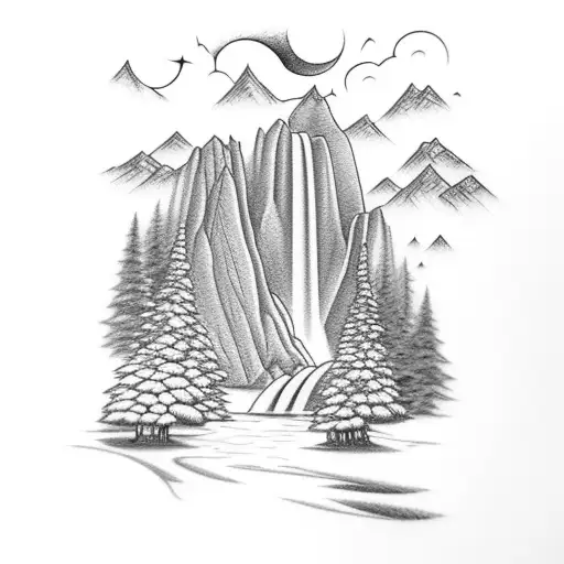 A Detailed Pencil Drawing Of A Majestic Waterfall Surrounded By Mountains And Trees
