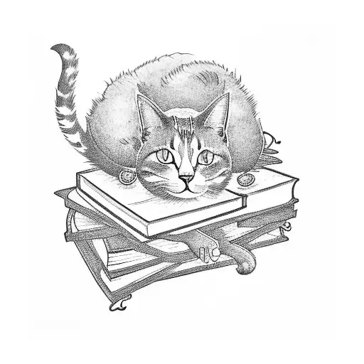 A Cat Curled Up On A Pile Of Books With Floral Patterns