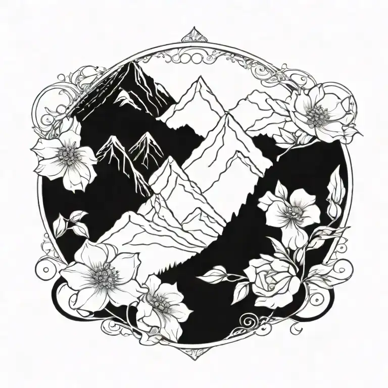 A Majestic Mountain Range With Intricate Floral Patterns Intertwined Within The Peaks
