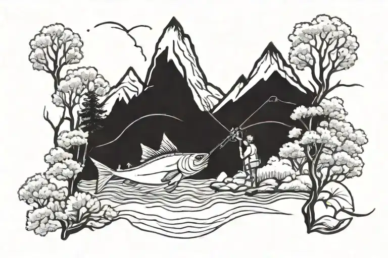Fishing With Mountains And Trees
