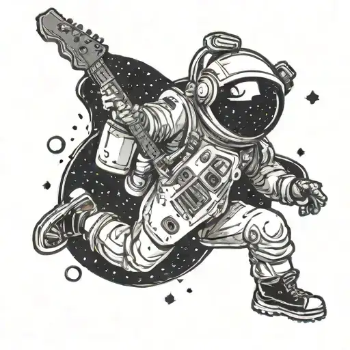 Mini Kid Astronaut Falling In Space Holding A Guitar
