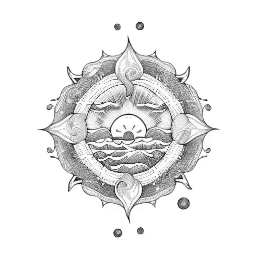 An Intricate Blackwork Design Of A Peaceful Ocean With A Sun Setting In The Background