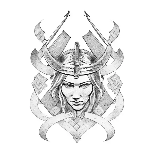 Medieval Engraved Style Featuring The Three-quarter View Of A Viking Warrior Woman's Head