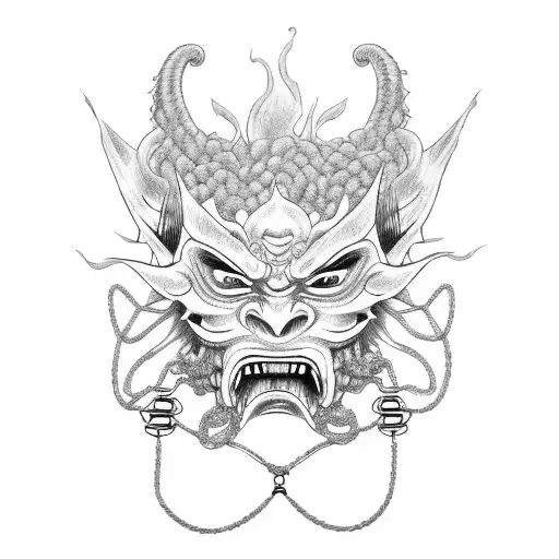 Oni Mask With Chains Between Fire