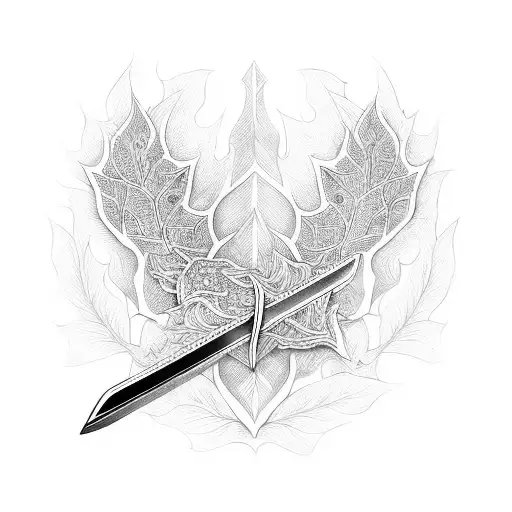 Leaf-shaped Sword Surrounded By Intricate Blackwork Patterns