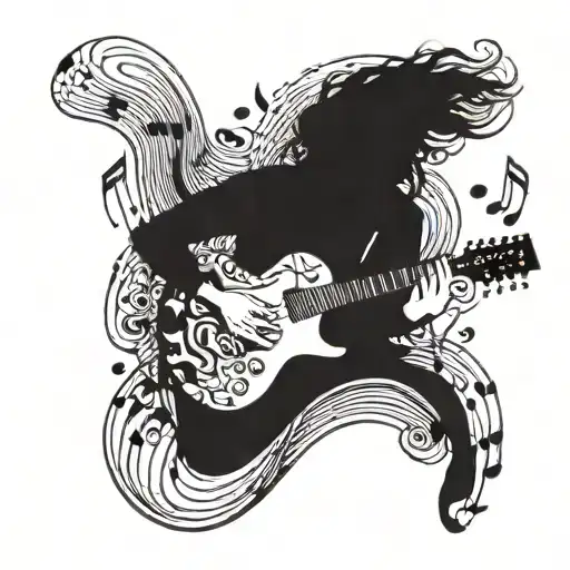A Silhouette Of A Person Playing A Guitar With Musical Notes Swirling Around Them