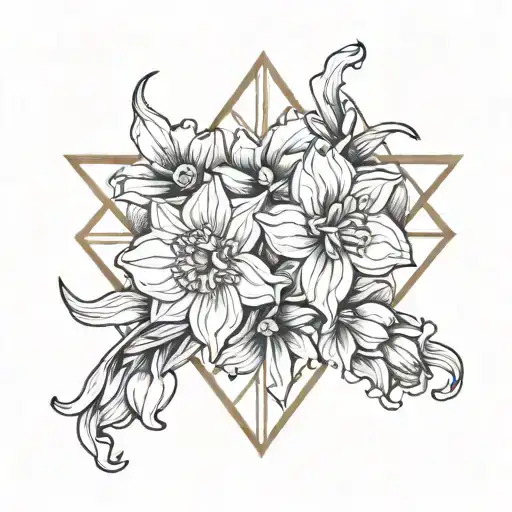 A Geometric Design Incorporating Narcissus Flowers And Symbols Of Love Intertwined