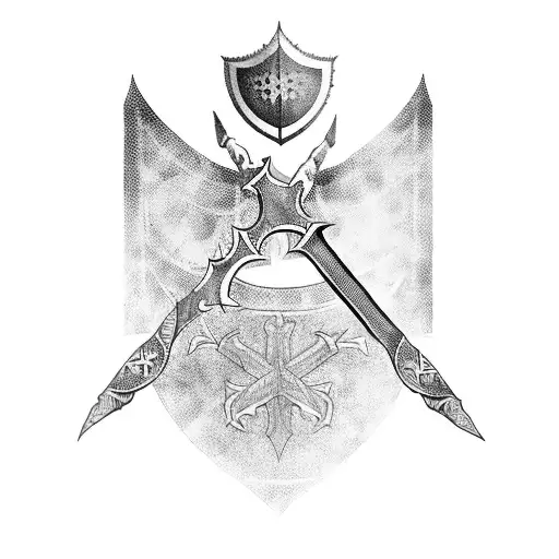 A Dotwork Tattoo Of A Templar Knight Wielding A Sword And Shield