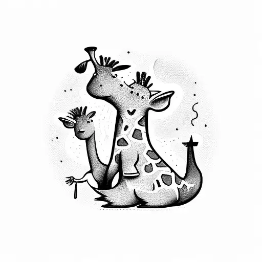 Cartoon Giraffe With A Cartoon Platypus With 4 Kids