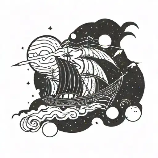A Blackwork Tattoo Of A Viking Ship Sailing Through A Galaxy Filled With Planets