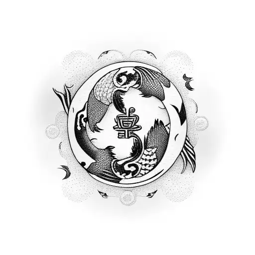 Koi Fish Yin Yang With Cherry Blossoms Around